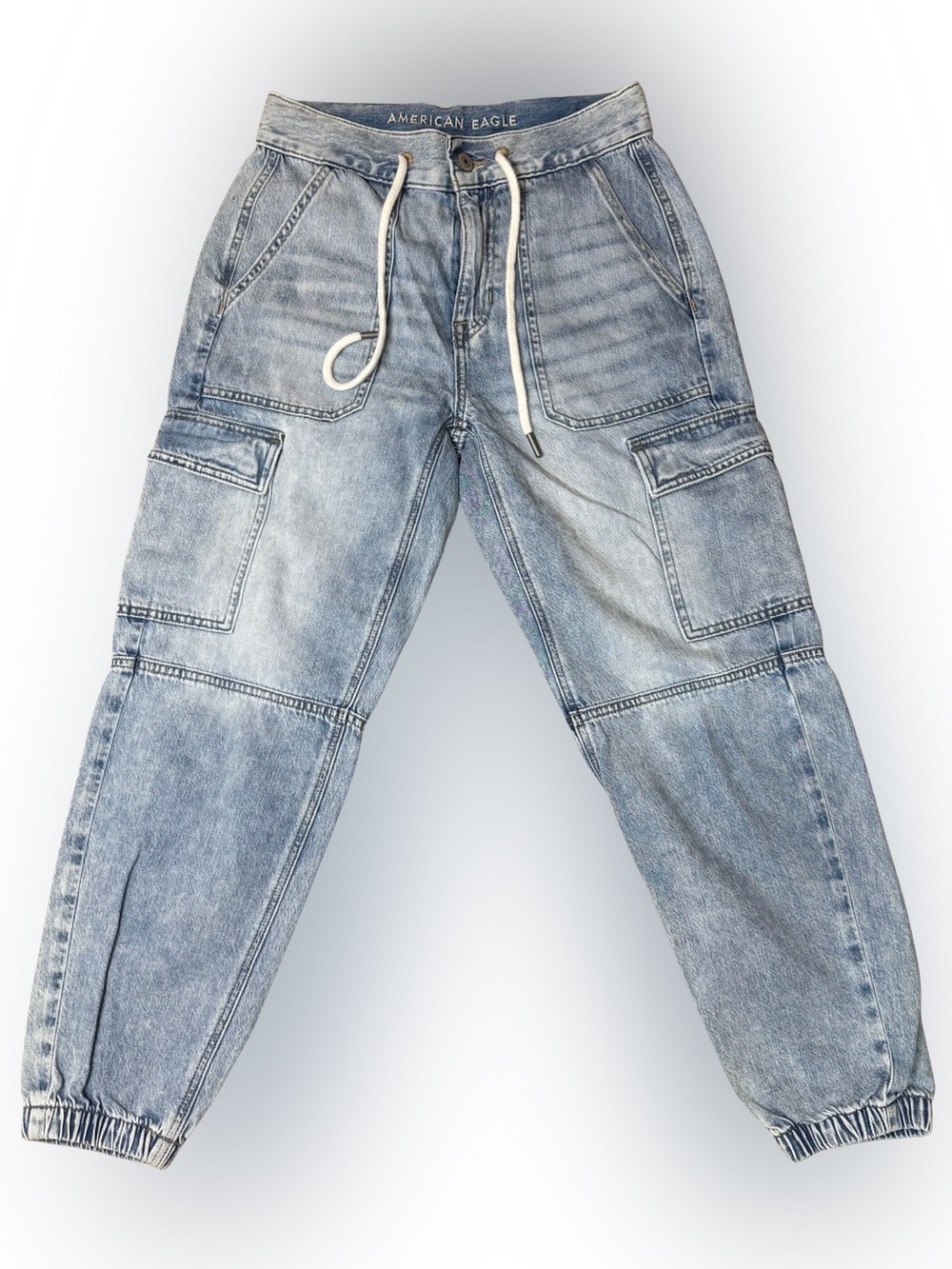 American Eagle 0 Short Denim Jogger Drawstring Waist Light Wash Cargo High Rise